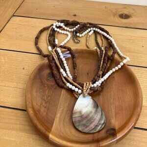 Wood Bead Multi-Strand Necklace with Abalone Shell Pendant Adjustable 18-22"